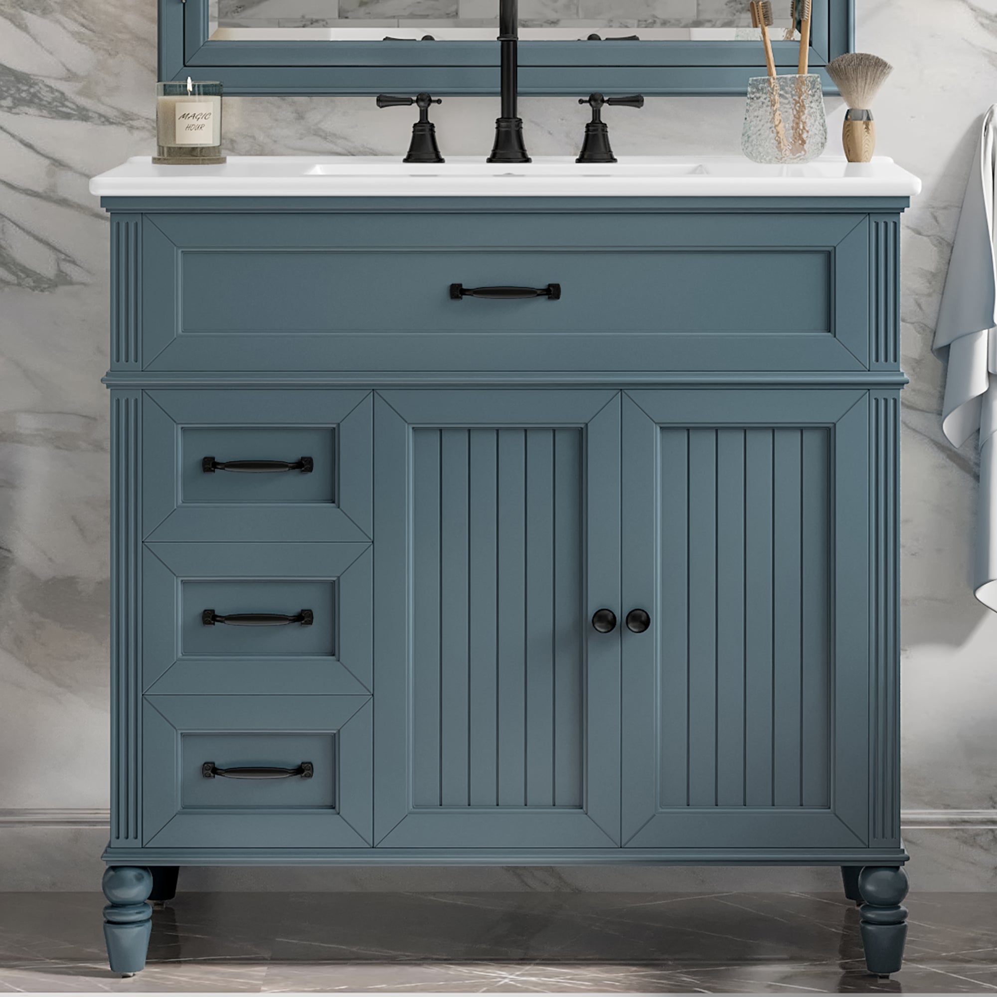 36 Inch Bathroom Vanity with Sink Blue Cabinet with Drawers Solid Frame and MDF Board One Package