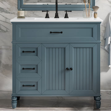 36 Inch Bathroom Vanity with Sink Blue Cabinet with Drawers Solid Frame and MDF Board One Package