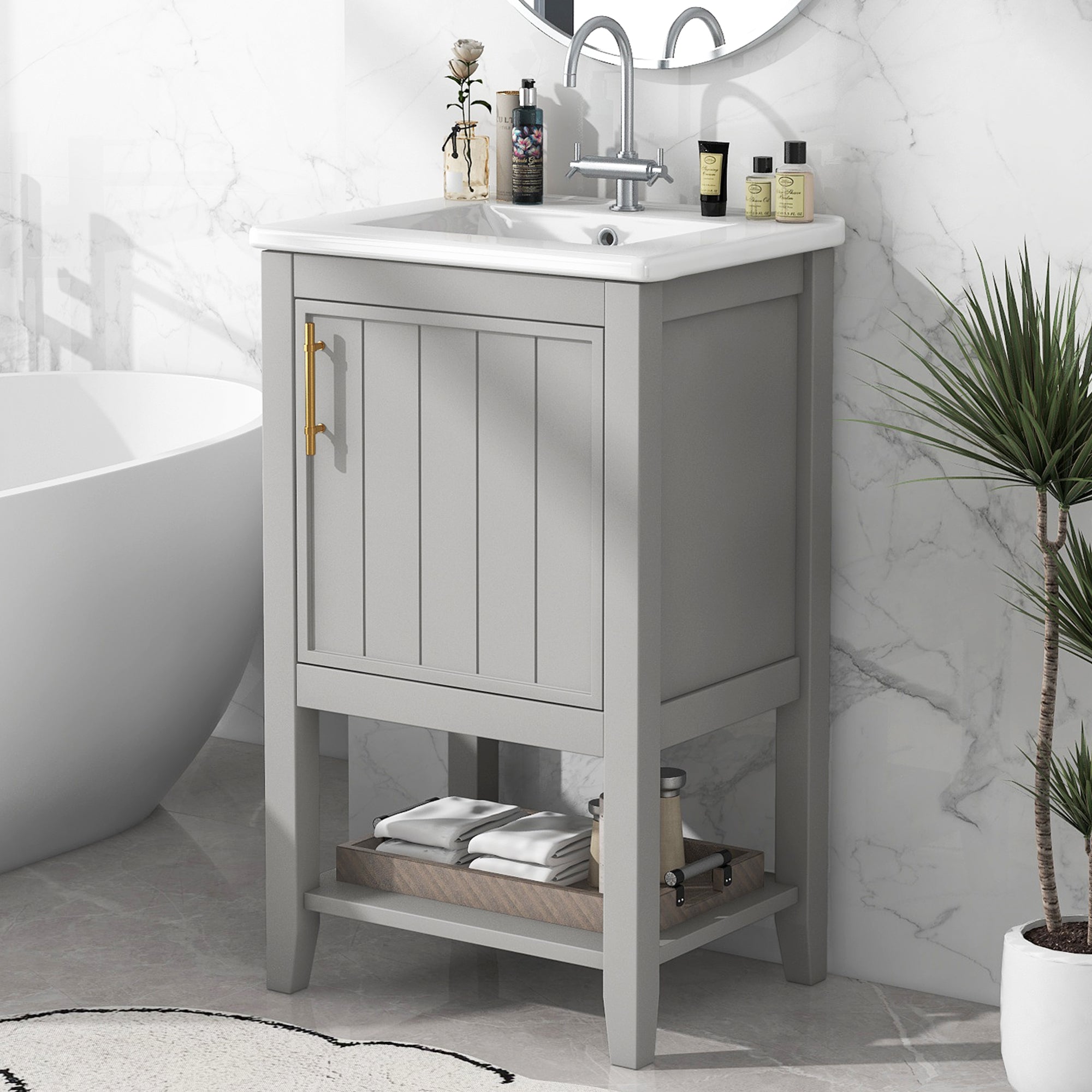 20 Inch Bathroom Vanity with Sink Cabinet with Soft Close Door Storage Rack and Open Shelf Grey