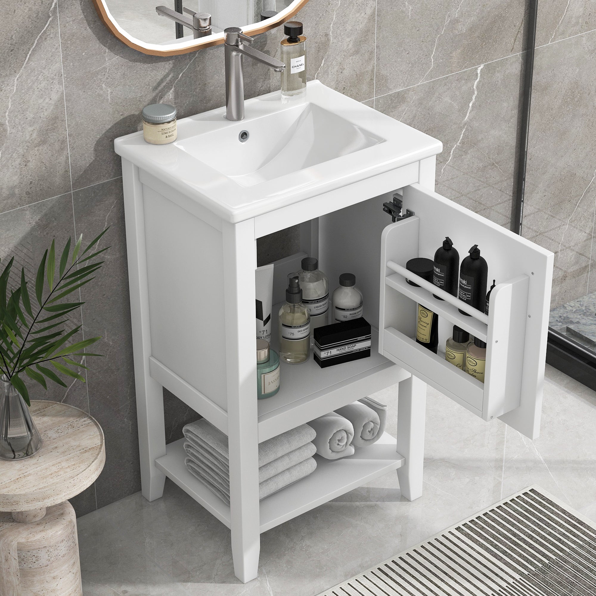 20 Inch Bathroom Vanity with Sink Cabinet with Soft Close Door Storage Rack and Open Shelf White