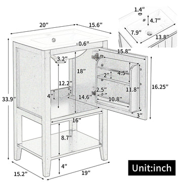 20 Inch Bathroom Vanity with Sink Cabinet with Soft Close Door Storage Rack and Open Shelf White