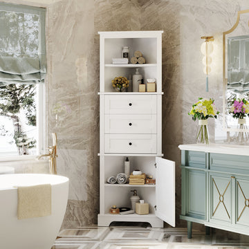White Triangle Tall Cabinet with Three Drawers and Adjustable Shelves for Bathroom Kitchen or Living Room MDF Painted Finish