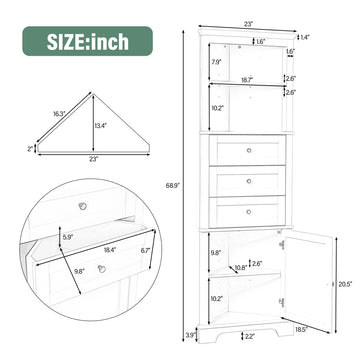 White Triangle Tall Cabinet with Three Drawers and Adjustable Shelves for Bathroom Kitchen or Living Room MDF Painted Finish