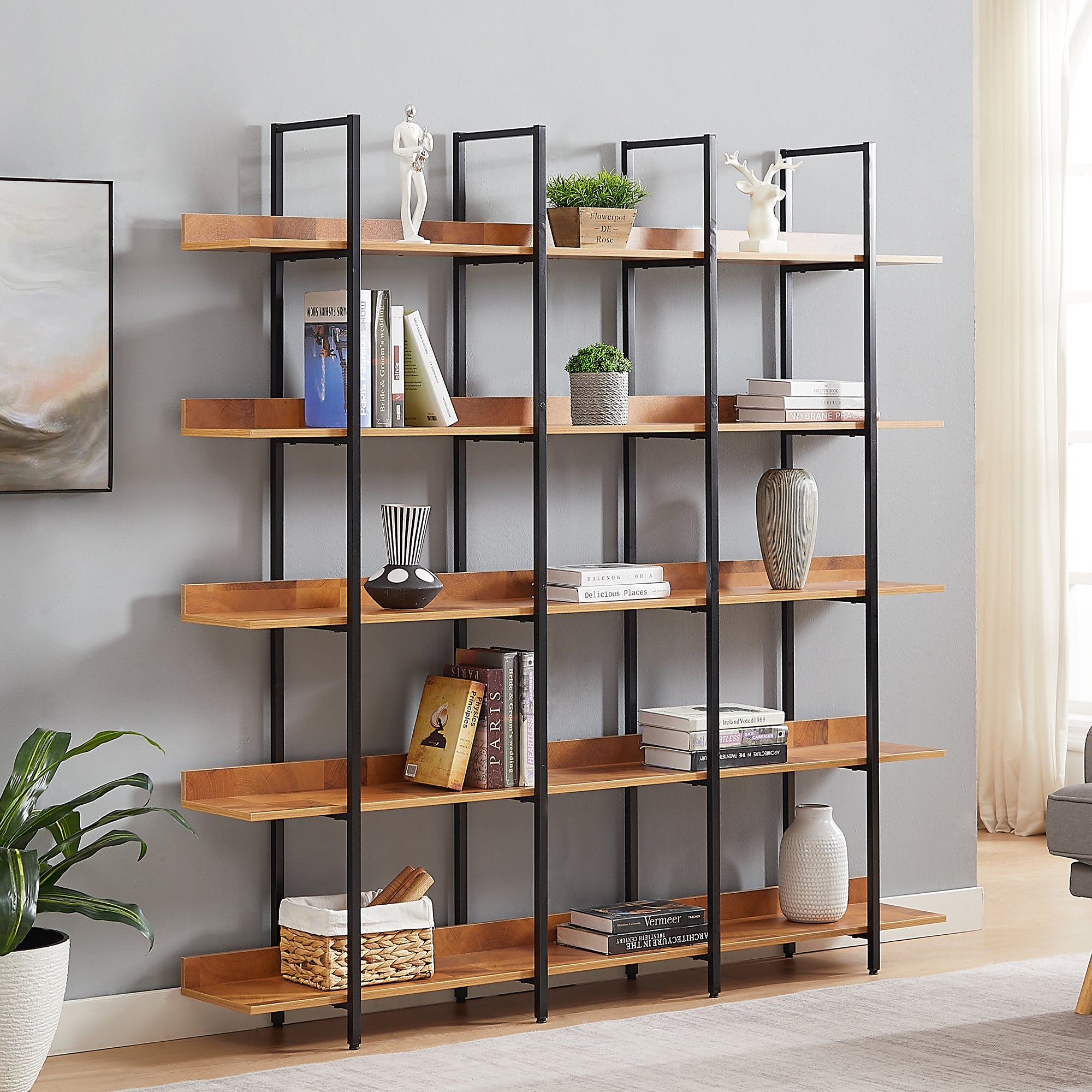 5 Tier Bookcase Home Office Open Bookshelf Vintage Industrial Style MDF Black Metal Frame Brown