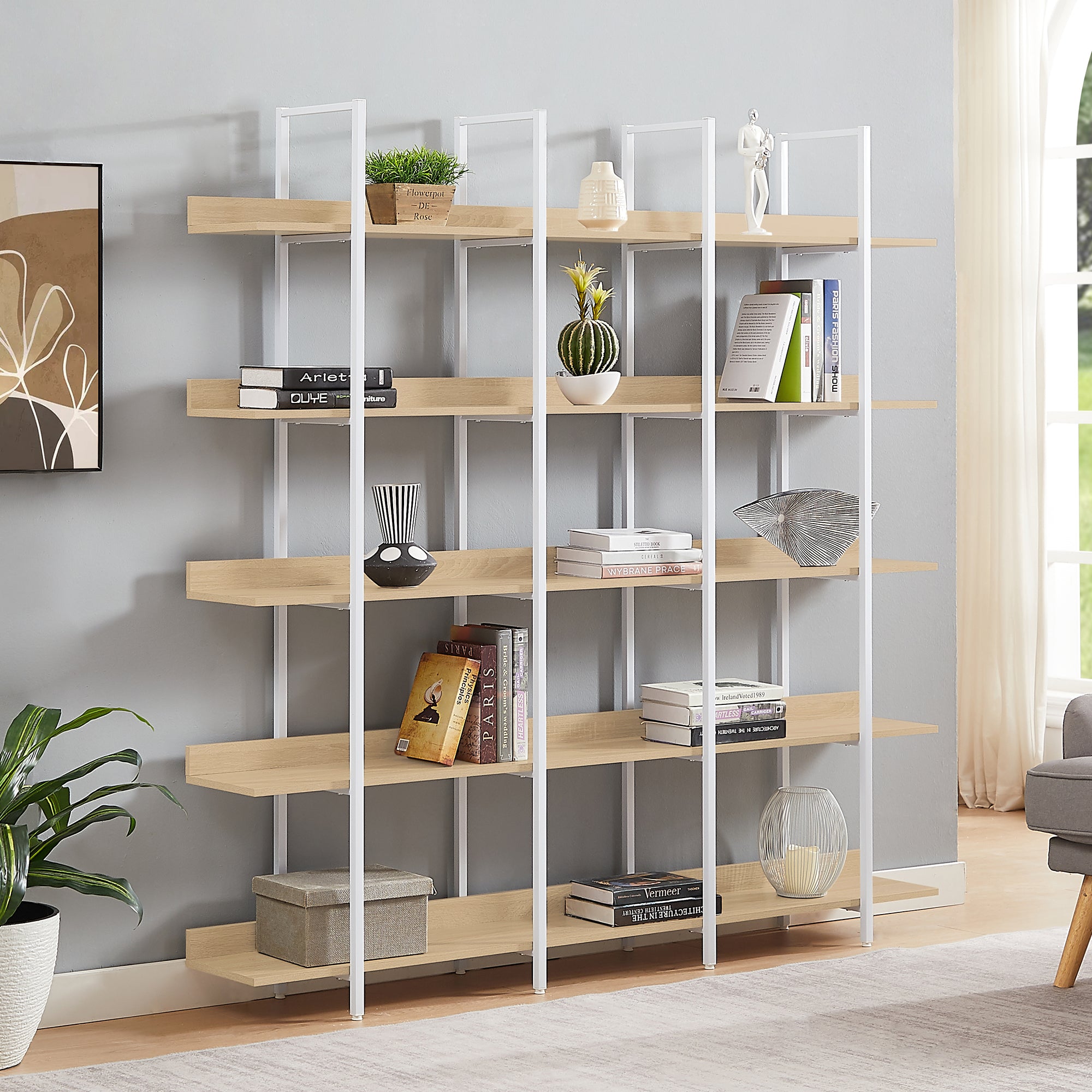 5 Tier Bookcase Home Office Open Bookshelf Vintage Industrial Style MDF White Metal Frame Oak