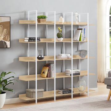 5 Tier Bookcase Home Office Open Bookshelf Vintage Industrial Style MDF White Metal Frame Oak