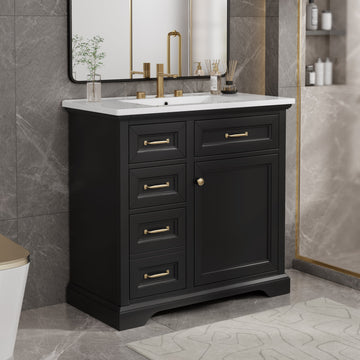 36 Inch Bathroom Vanity with Ceramic Sink Top Four Drawers and One Soft Close Door Freestanding Cabinet Black Finish