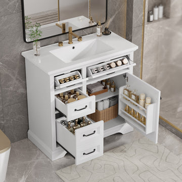 36 Inch Bathroom Vanity with Ceramic Sink Top Four Drawers and One Soft Close Door Freestanding Cabinet White Finish