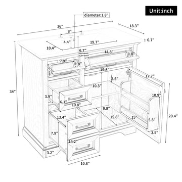 36 Inch Bathroom Vanity with Ceramic Sink Top Four Drawers and One Soft Close Door Freestanding Cabinet White Finish