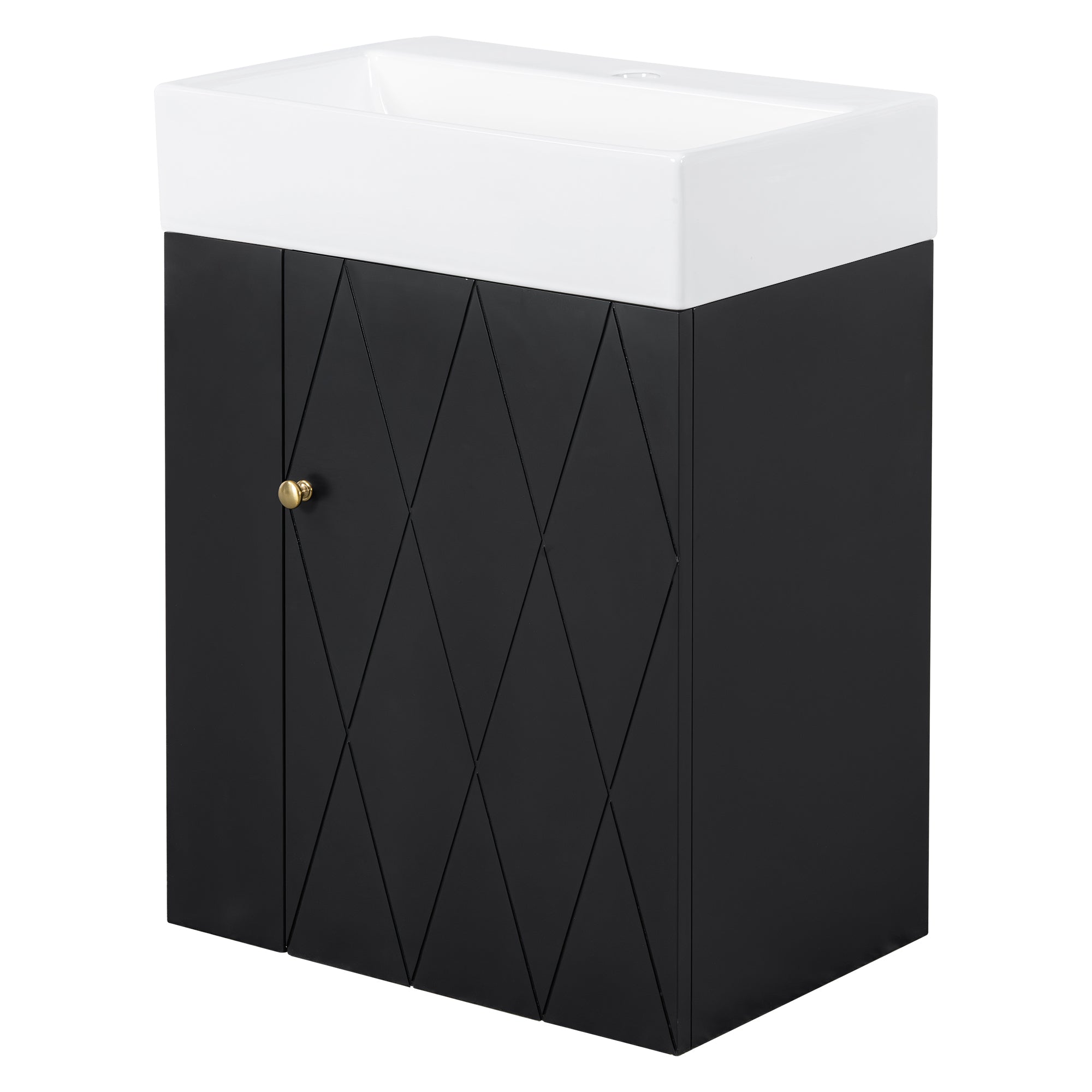 20 Inch Bathroom Vanity with Ceramic Sink Diamond Pattern Door Gold Handle Side Shelves and Towel Bar Black