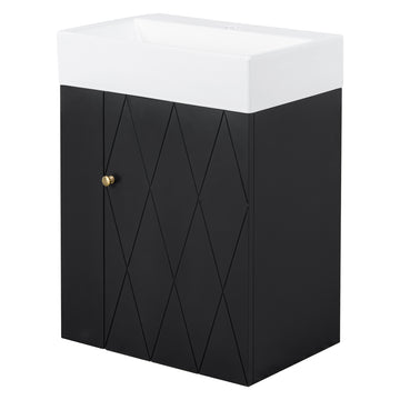 20 Inch Bathroom Vanity with Ceramic Sink Diamond Pattern Door Gold Handle Side Shelves and Towel Bar Black