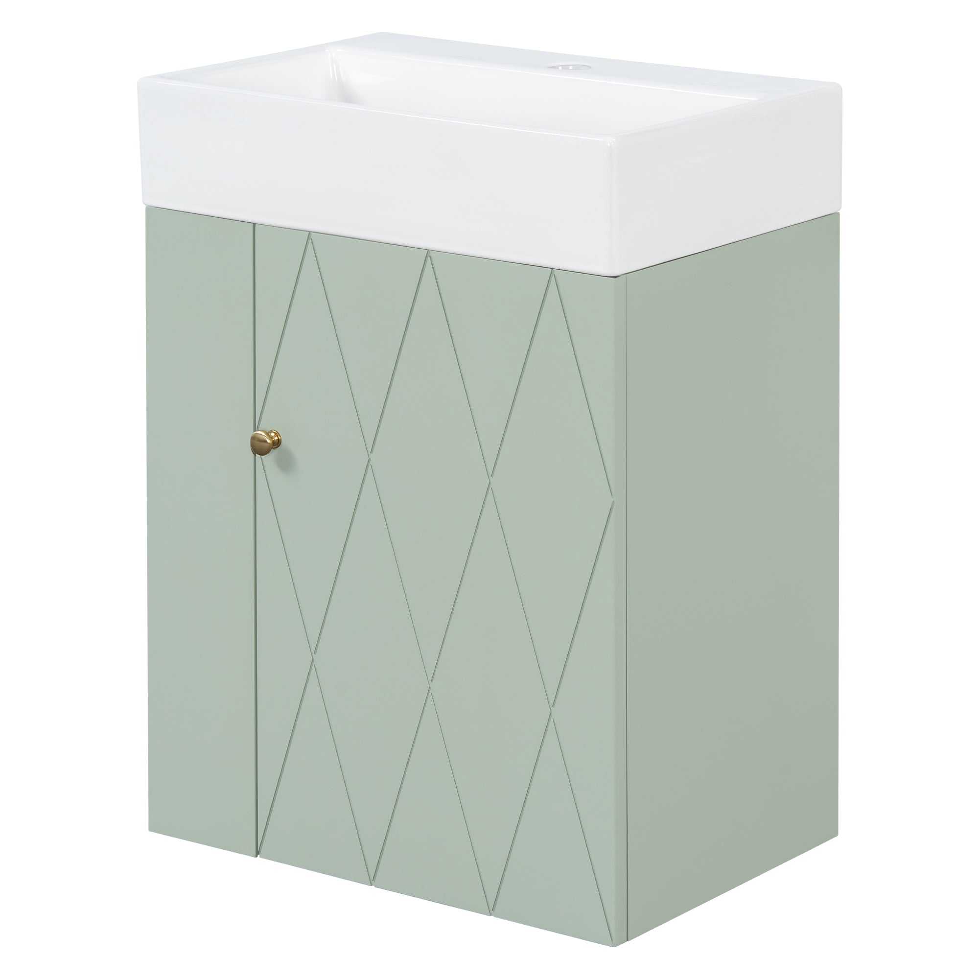 20 Inch Bathroom Vanity with Ceramic Sink Diamond Pattern Door Gold Handle Side Shelves and Towel Bar Green