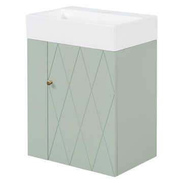 20 Inch Bathroom Vanity with Ceramic Sink Diamond Pattern Door Gold Handle Side Shelves and Towel Bar Green