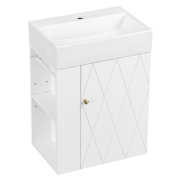 20 Inch Bathroom Vanity with Ceramic Sink Diamond Pattern Door Gold Handle Side Shelves and Towel Bar White