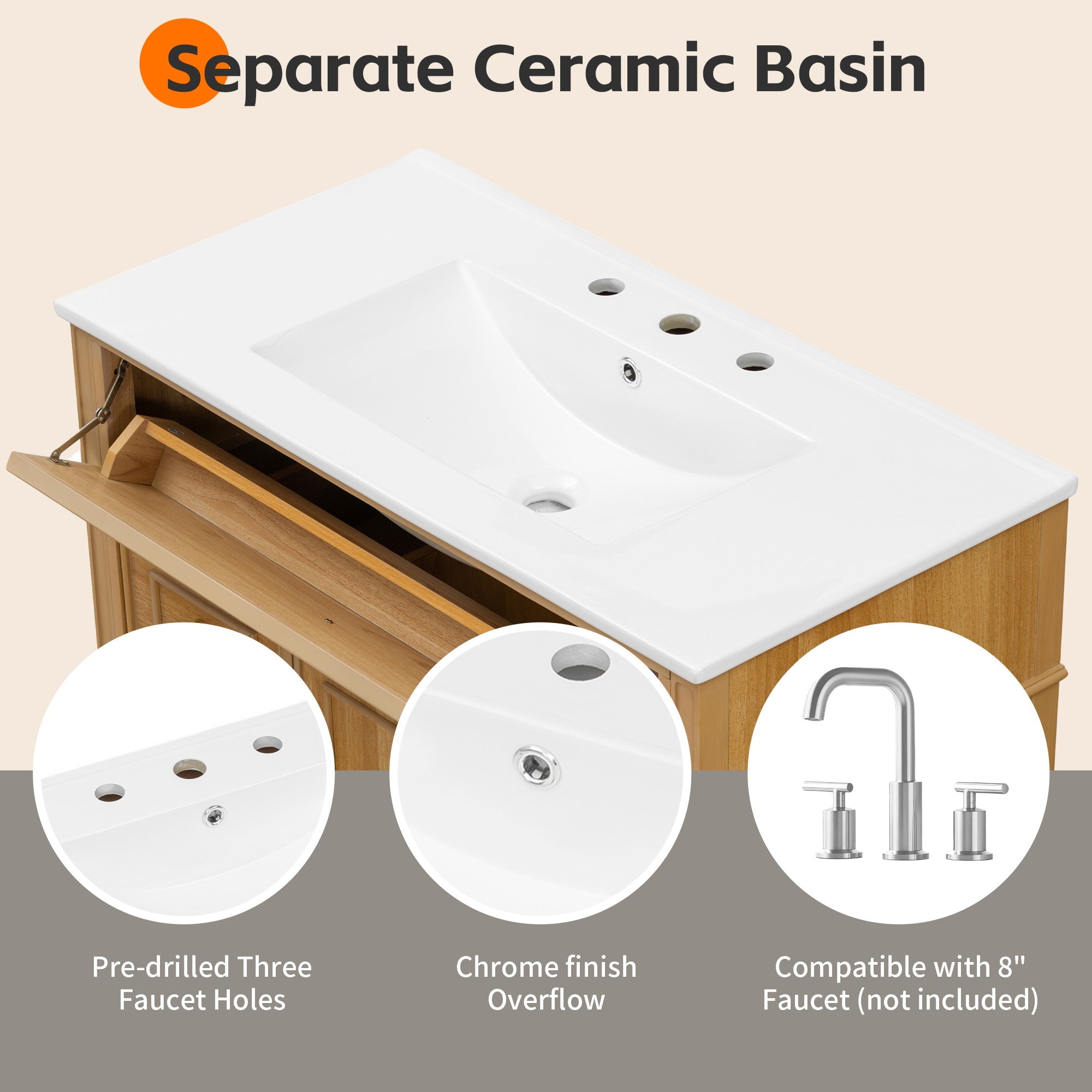 36 Inch Bathroom Vanity with Sink Solid Wood MDF Cabinet Flip Out Drawer 3 Drawers 2 Soft Close Doors Elegant Rubber Wood Handles