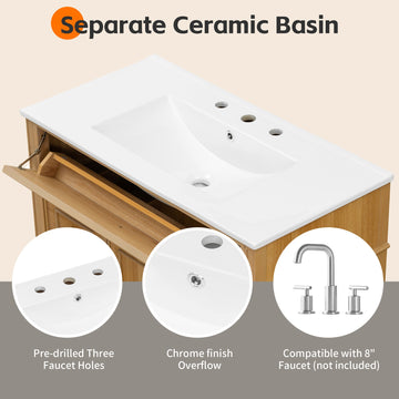 36 Inch Bathroom Vanity with Sink Solid Wood MDF Cabinet Flip Out Drawer 3 Drawers 2 Soft Close Doors Elegant Rubber Wood Handles