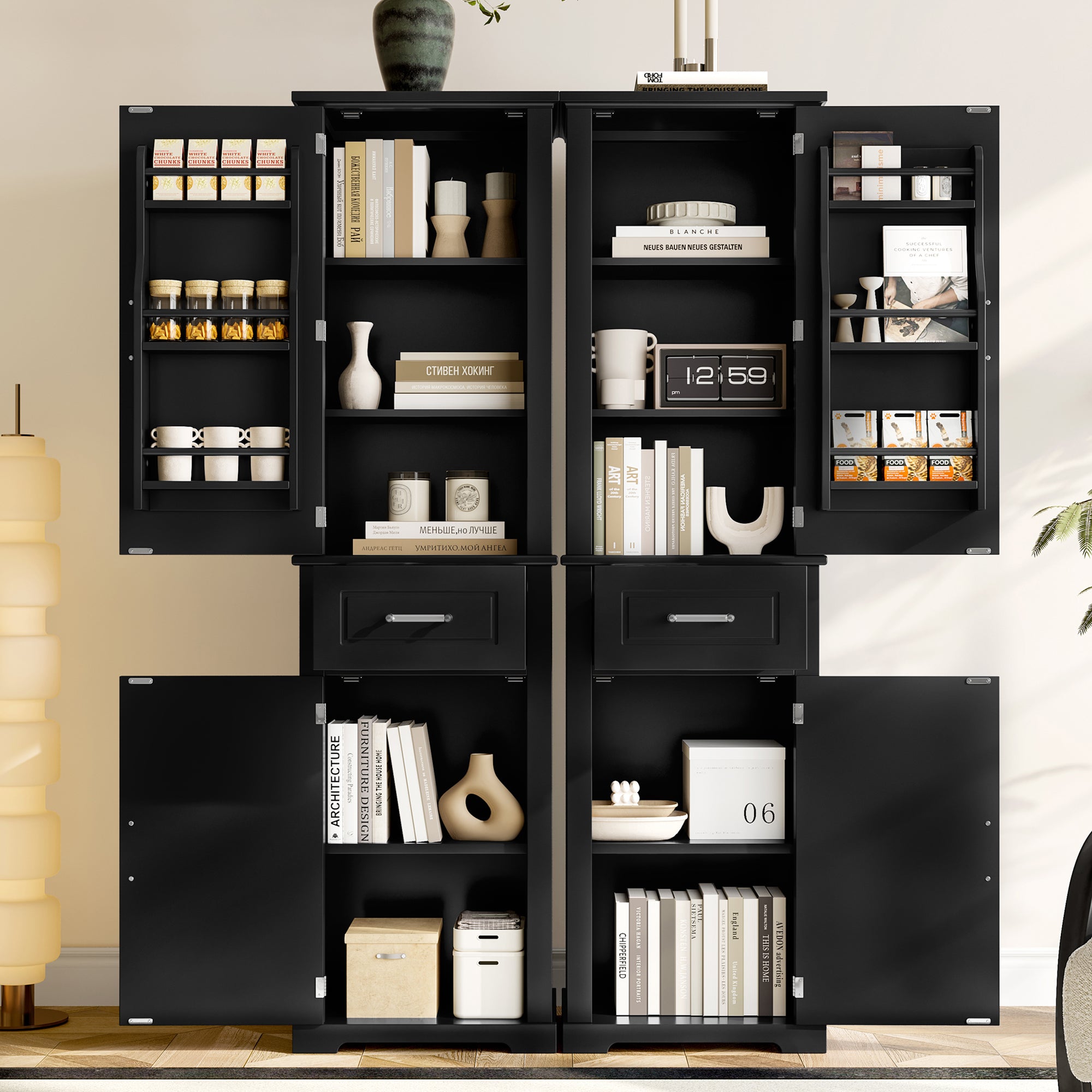 Tall Storage Cabinet with Four Doors Adjustable Shelf Door Rack MDF Painted Finish Black