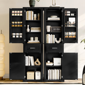 Tall Storage Cabinet with Four Doors Adjustable Shelf Door Rack MDF Painted Finish Black