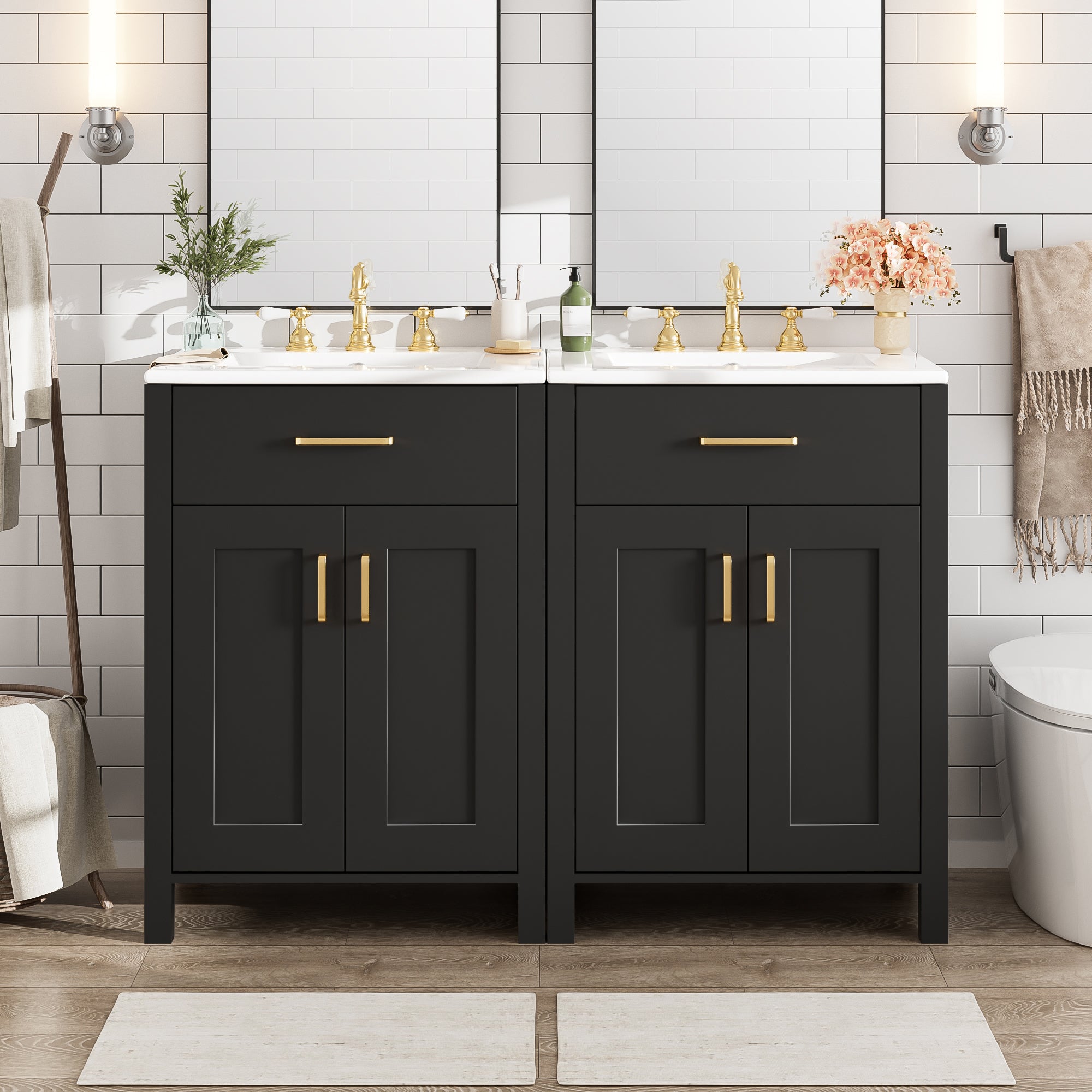 48 Inch Modern Double Bathroom Vanity with Dual Ceramic Sinks, Soft-Close Doors, Flip Drawer, Gold Handles, Adjustable U-Shaped Shelf