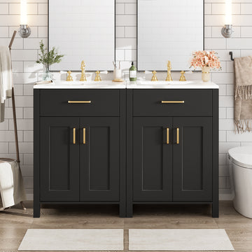 48 Inch Modern Double Bathroom Vanity with Dual Ceramic Sinks, Soft-Close Doors, Flip Drawer, Gold Handles, Adjustable U-Shaped Shelf