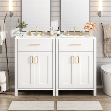 48 Inch Modern Double Bathroom Vanity with Dual Ceramic Sinks, Soft-Close Doors, Flip Drawer, Gold Handles, Adjustable U-Shaped Shelf