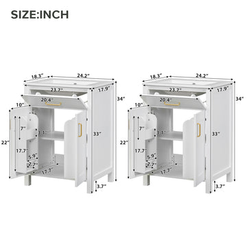 48 Inch Modern Double Bathroom Vanity with Dual Ceramic Sinks, Soft-Close Doors, Flip Drawer, Gold Handles, Adjustable U-Shaped Shelf