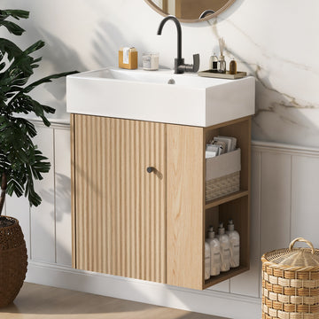 21.6 Inch Modern Floating Bathroom Vanity with Ceramic Basin and Right Side Storage