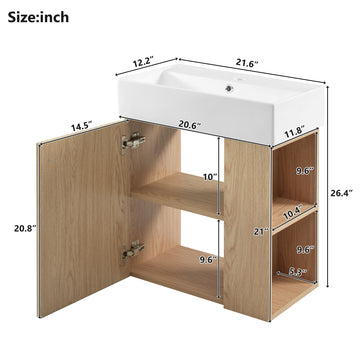 21.6 Inch Modern Floating Bathroom Vanity with Ceramic Basin and Right Side Storage