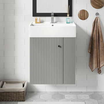 21.6 Inch Gray Modern Floating Bathroom Vanity with Ceramic Sink Right Side Storage Soft Close Door MDF Cabinet Wall Mounted