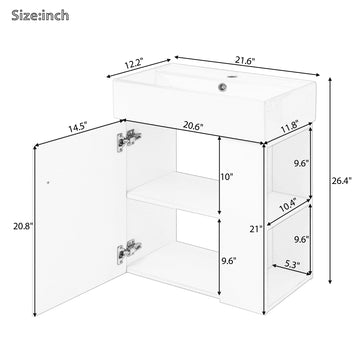 21.6 Inch Gray Modern Floating Bathroom Vanity with Ceramic Sink Right Side Storage Soft Close Door MDF Cabinet Wall Mounted