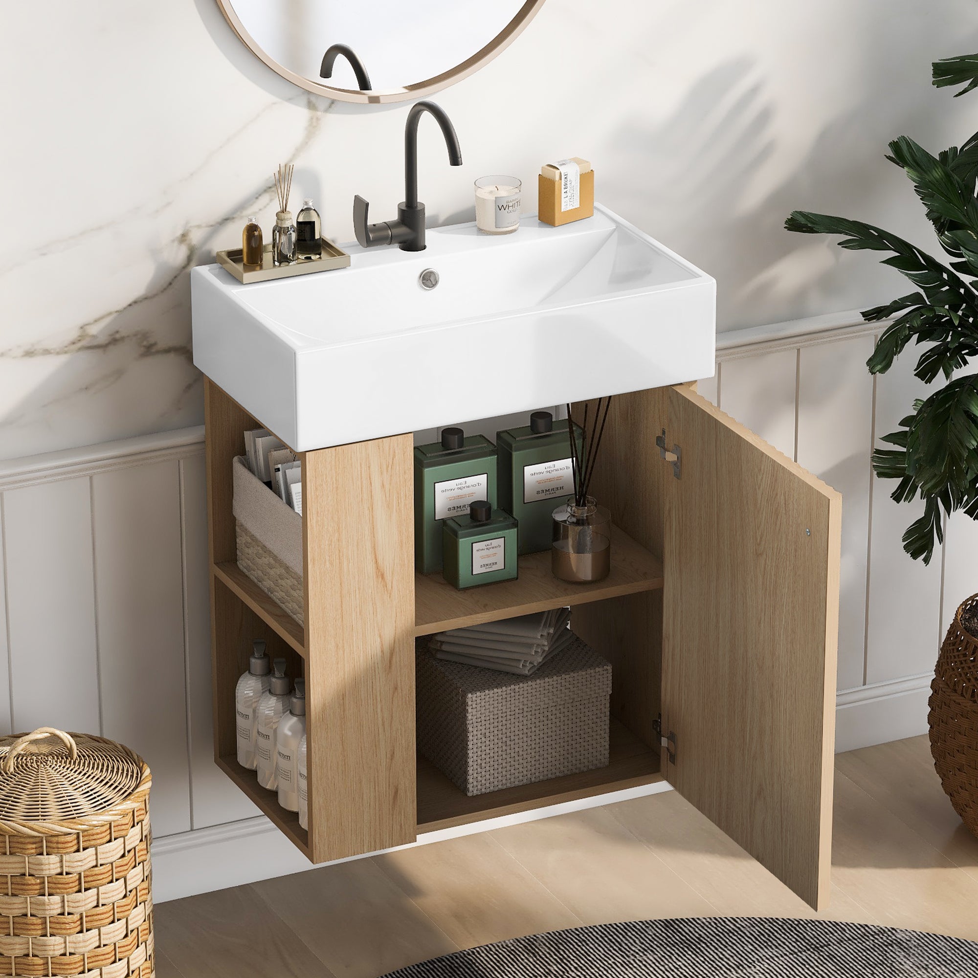 21.6 Inch Modern Floating Bathroom Vanity with Ceramic Basin and Left Side Storage