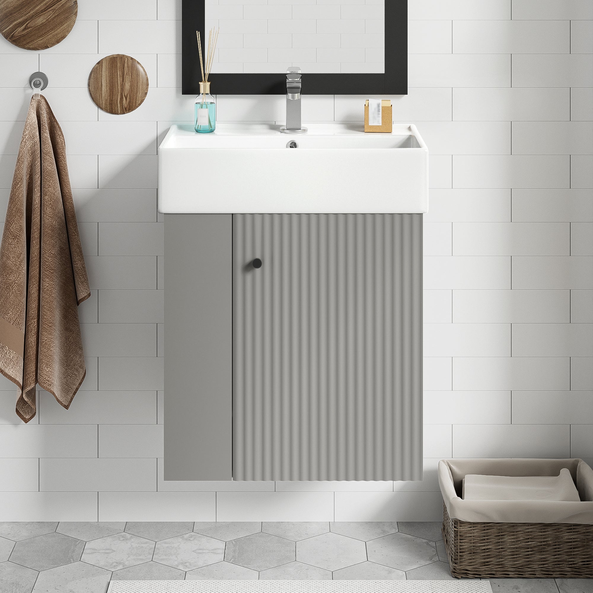 21.6 Inch Gray Modern Floating Bathroom Vanity with Ceramic Sink Left Side Storage Soft Close Door MDF Cabinet Wall Mounted
