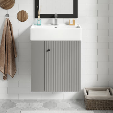21.6 Inch Gray Modern Floating Bathroom Vanity with Ceramic Sink Left Side Storage Soft Close Door MDF Cabinet Wall Mounted