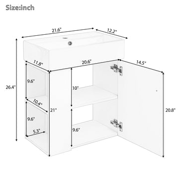 21.6 Inch Gray Modern Floating Bathroom Vanity with Ceramic Sink Left Side Storage Soft Close Door MDF Cabinet Wall Mounted
