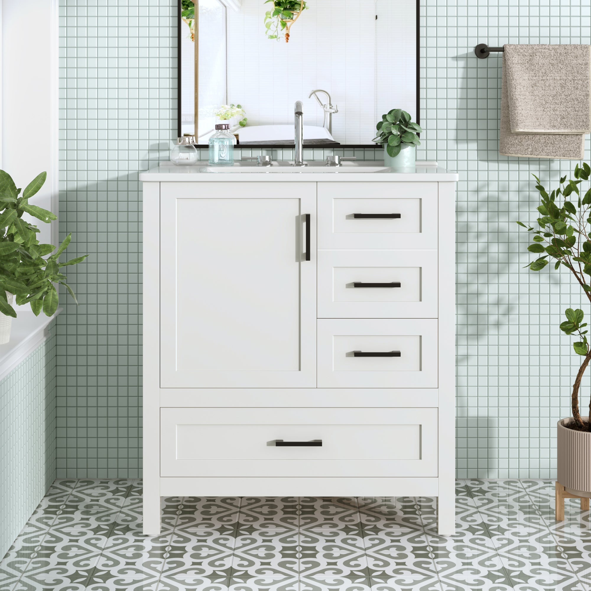 30 Inch White Bathroom Vanity with Ceramic Sink Soft Close Storage and Solid Wood Frame