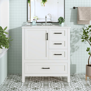 30 Inch White Bathroom Vanity with Ceramic Sink Soft Close Storage and Solid Wood Frame
