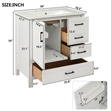 30 Inch White Bathroom Vanity with Ceramic Sink Soft Close Storage and Solid Wood Frame