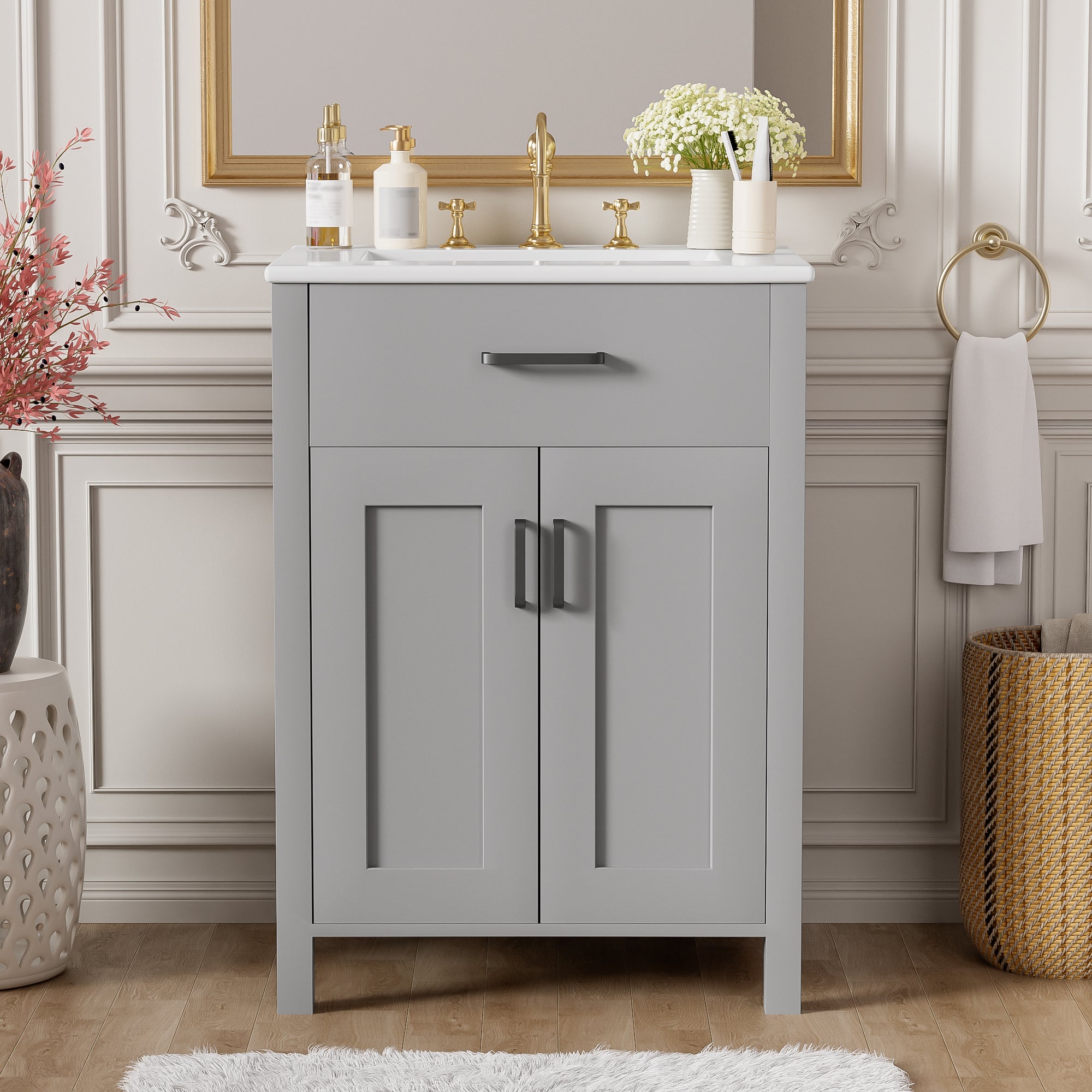 24 Inch Gray Bathroom Vanity Combo with Ceramic Sink, 2 Soft Close Doors, Flip-Top Drawer, Adjustable U-Shaped Shelf, Double Door Racks