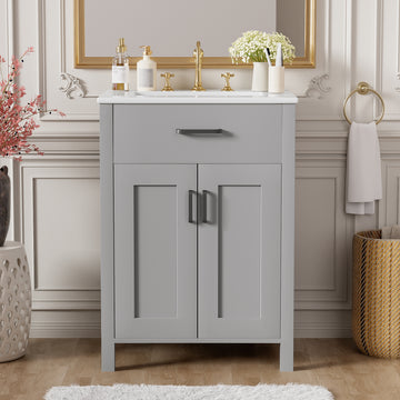 24 Inch Gray Bathroom Vanity Combo with Ceramic Sink, 2 Soft Close Doors, Flip-Top Drawer, Adjustable U-Shaped Shelf, Double Door Racks