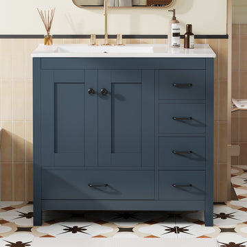 36 Inch Blue Bathroom Vanity with Ceramic Sink, Solid Wood + MDF, 2 Soft Close Doors, 5 Drawers, Modern Storage Cabinet