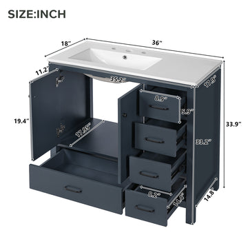 36 Inch Blue Bathroom Vanity with Ceramic Sink, Solid Wood + MDF, 2 Soft Close Doors, 5 Drawers, Modern Storage Cabinet
