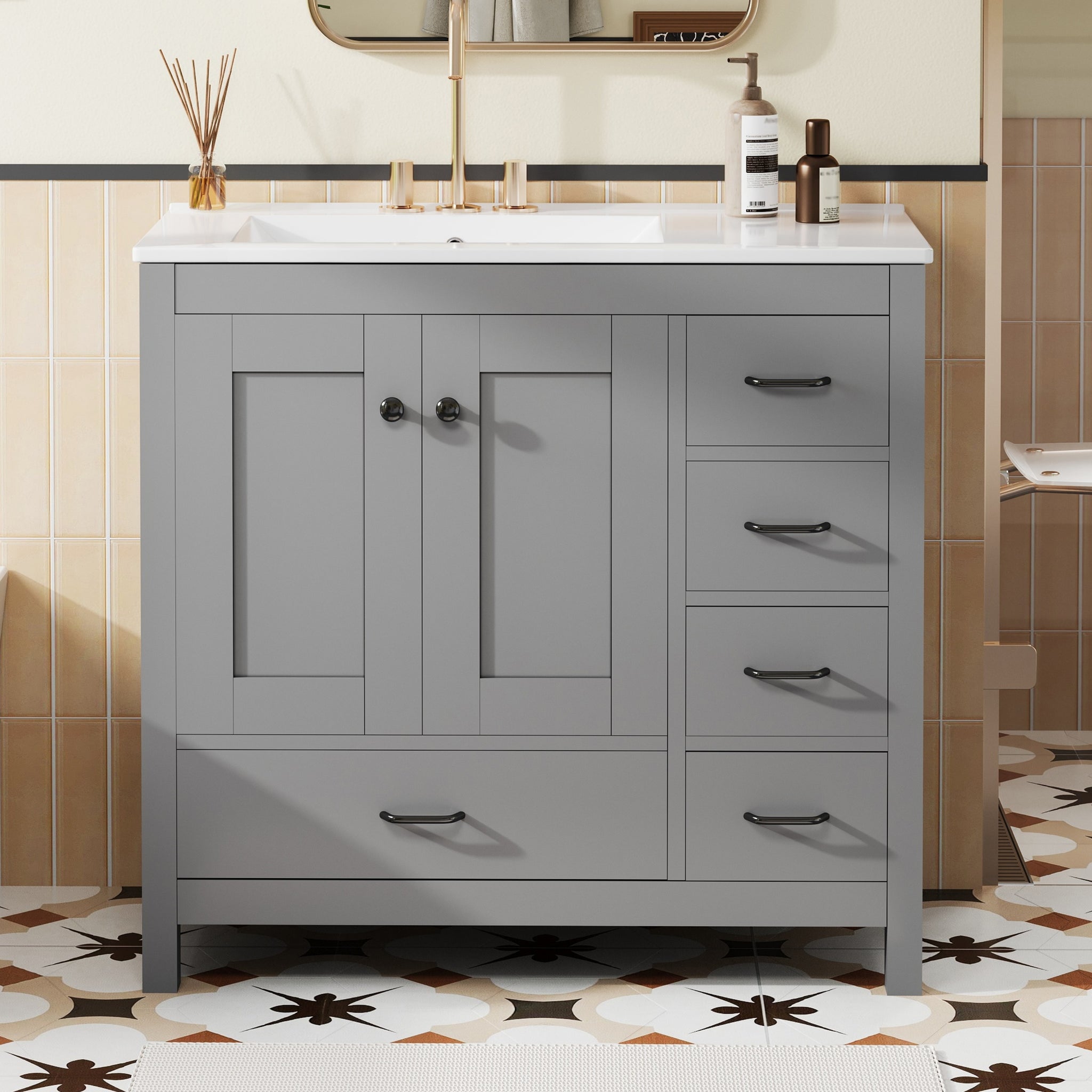 36 Inch Gray Bathroom Vanity with Ceramic Sink 2 Soft Close Doors 5 Drawers Solid Wood & MDF Black Handles