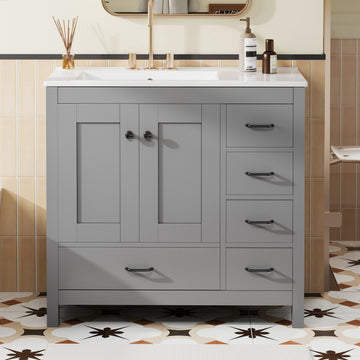 36 Inch Gray Bathroom Vanity with Ceramic Sink 2 Soft Close Doors 5 Drawers Solid Wood & MDF Black Handles