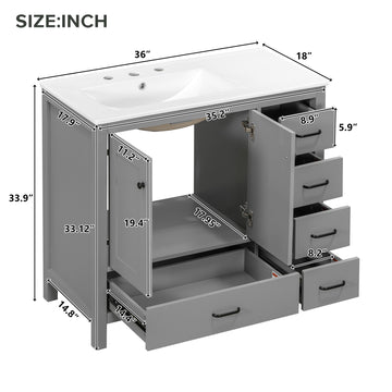 36 Inch Gray Bathroom Vanity with Ceramic Sink 2 Soft Close Doors 5 Drawers Solid Wood & MDF Black Handles
