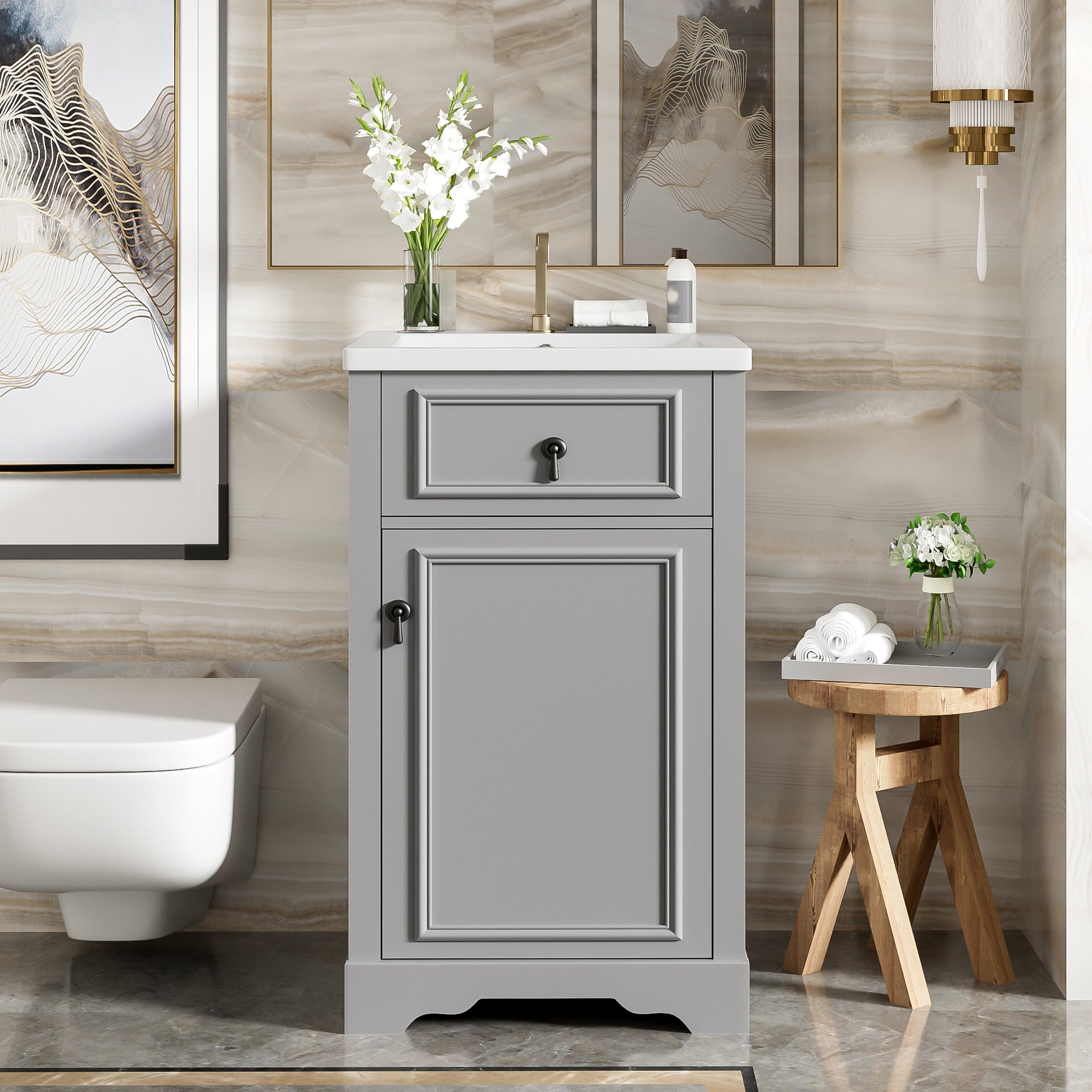 20 Inch Grey Bathroom Vanity with Ceramic Sink Soft Close Door Adjustable U-Shaped Shelf Door Storage Rack Solid Wood & MDF