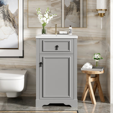 20 Inch Grey Bathroom Vanity with Ceramic Sink Soft Close Door Adjustable U-Shaped Shelf Door Storage Rack Solid Wood & MDF