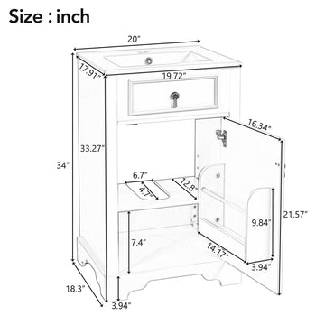 20 Inch Grey Bathroom Vanity with Ceramic Sink Soft Close Door Adjustable U-Shaped Shelf Door Storage Rack Solid Wood & MDF