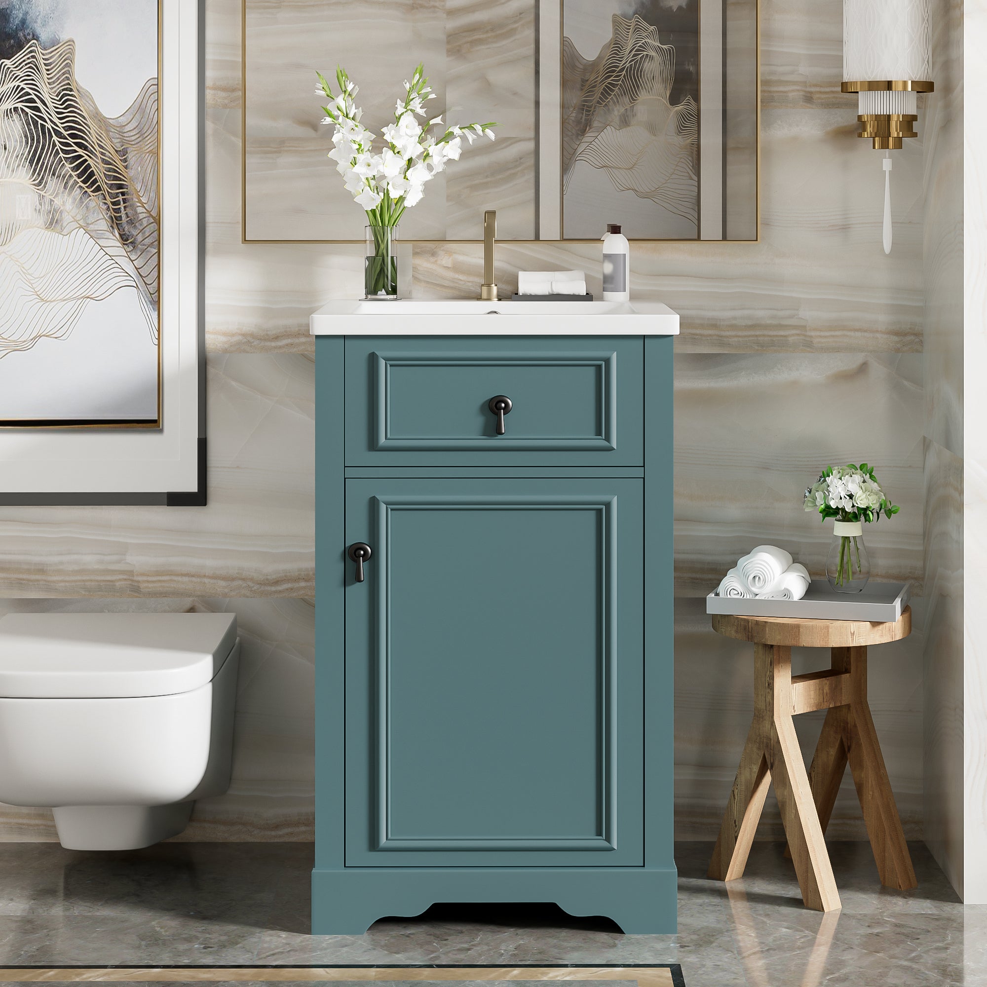 20 Inch Green Bathroom Vanity with Ceramic Sink Soft Close Door Adjustable U-Shaped Shelf Door Storage Rack MDF & Solid Wood