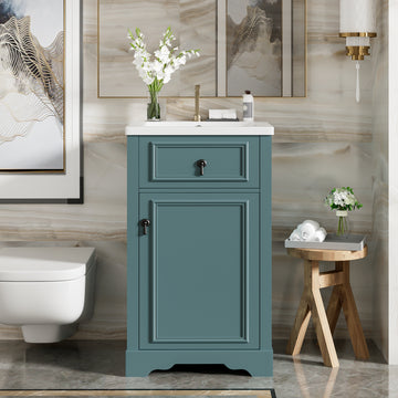 20 Inch Green Bathroom Vanity with Ceramic Sink Soft Close Door Adjustable U-Shaped Shelf Door Storage Rack MDF & Solid Wood