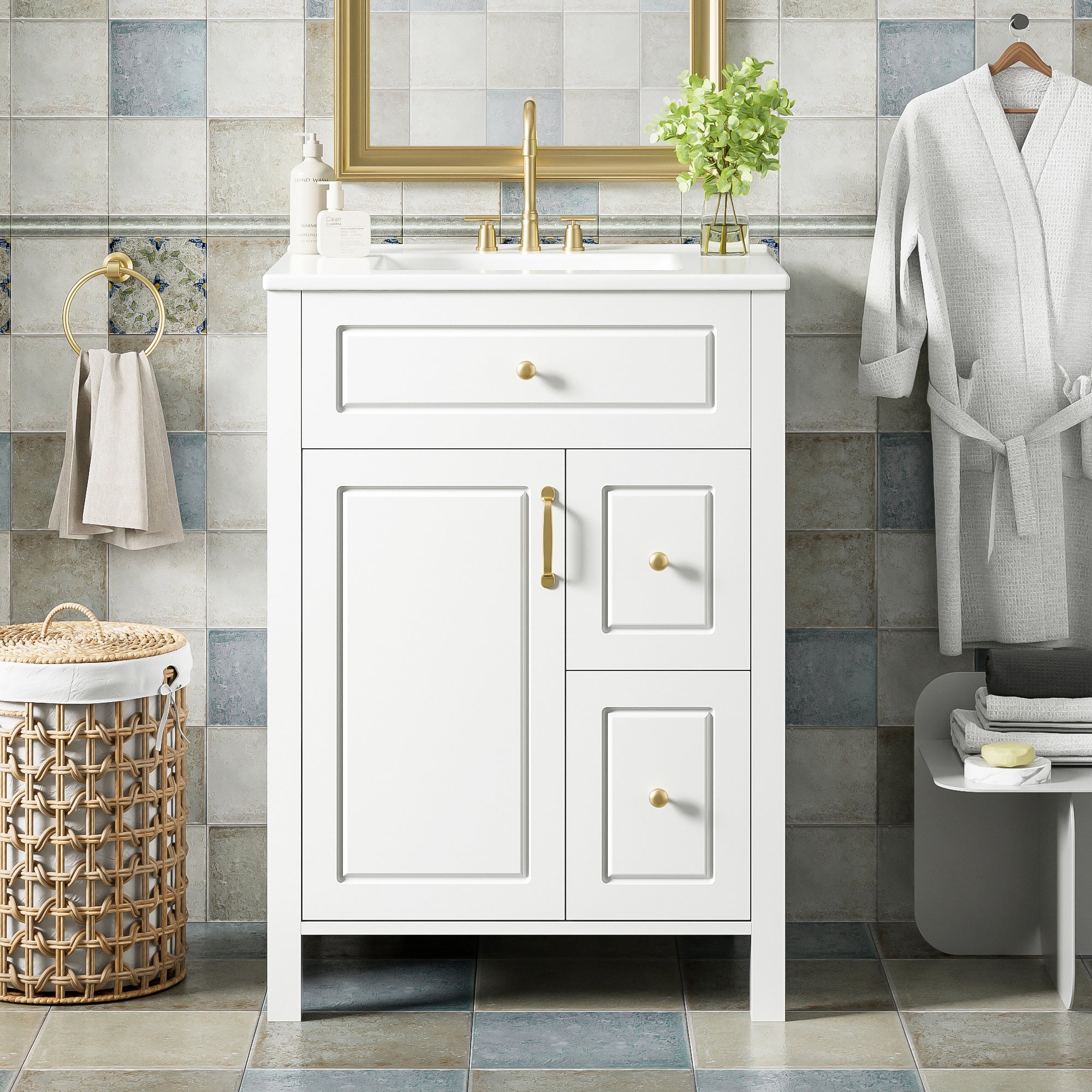 24 Inch White Bathroom Vanity with Ceramic Sink Soft Close Door 2 Soft Close Drawers Double Door Racks Solid Wood & MDF